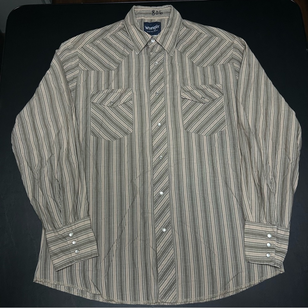 Vintage Wrangler Western Shirt Mens Large Beige Striped Cowboy Rodeo Pearl Snaps